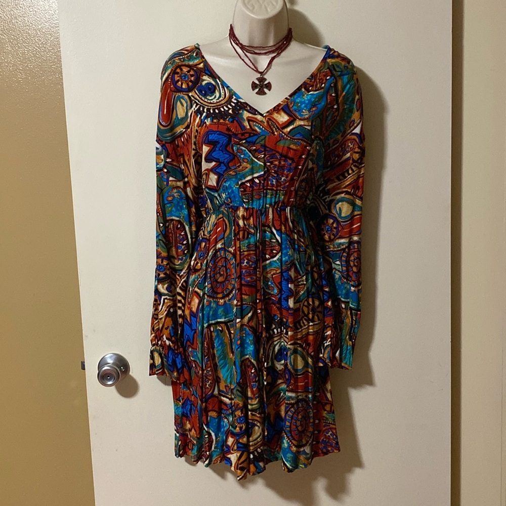 SHEIN Blue and Red Pleated Sundress with Bishop Sleeves